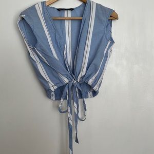 Zara Basic Collection Chambray Striped Faux Wrap Drawstring Crop Top